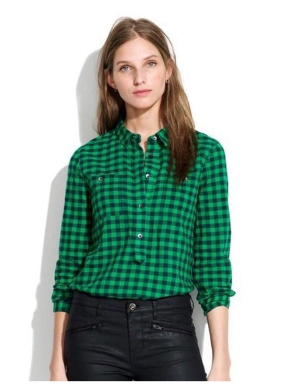 Madewell Green Black Mini Check Gingham Market Popover Women’s Top Sz S Ranch